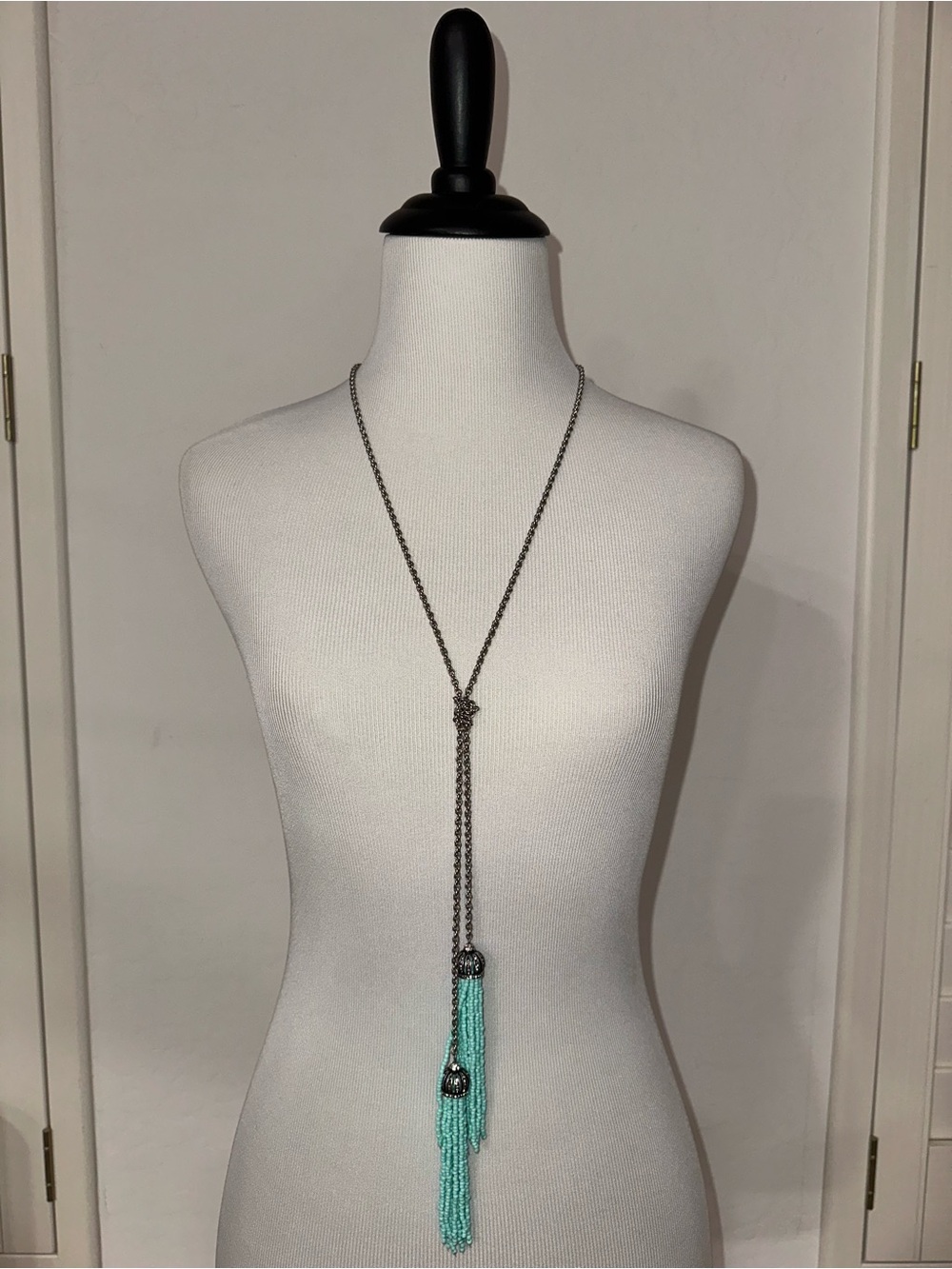 DIAMOND & SILVER TURQUOISE BEADED TASSELED NECKLACE ~LONG TIE FRONT ~BOHO CONCET